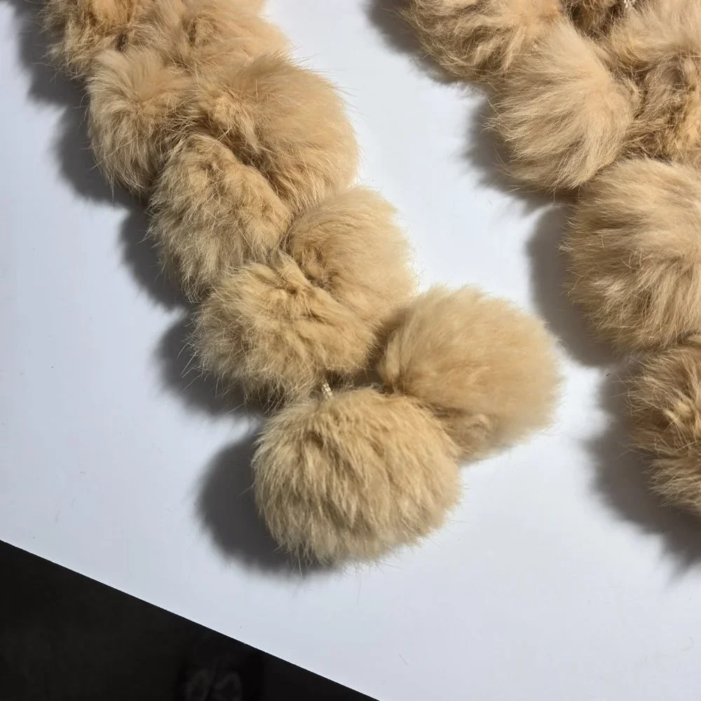 Tan Rabbit Fur Pom Pom Scarf - Picture 2 of 3